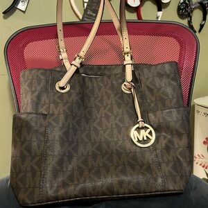 Michael Kors Brown and Tan MK Signature Tote with Gold Charm
